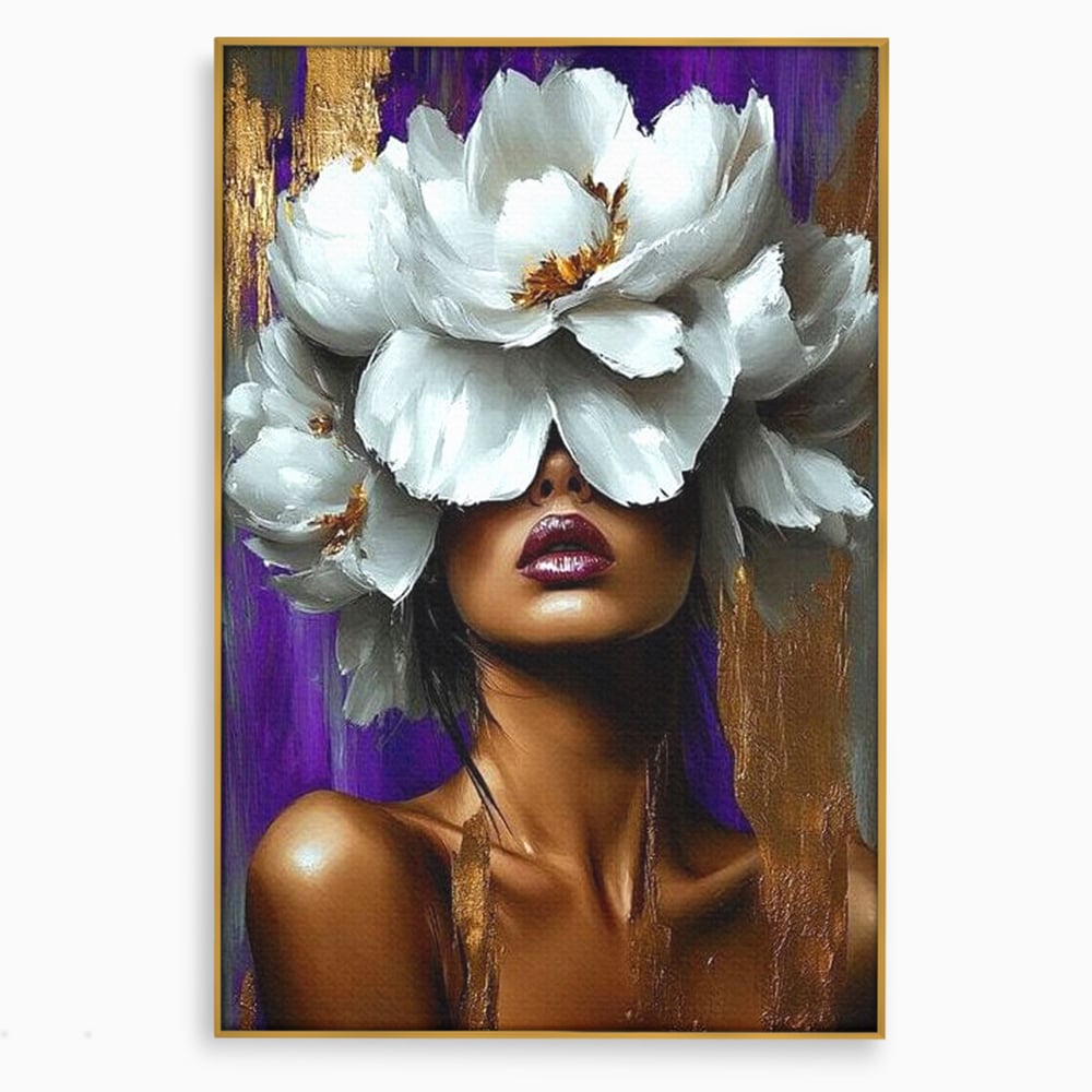 Tablou canvas cu tablou canvas cu femeie si flori albe, in rama de aluminiu auriu